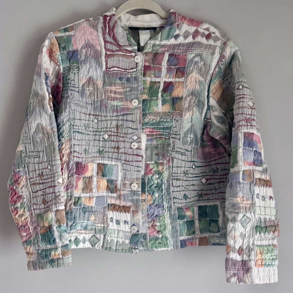 Vintage 90’s Orvis Pastel Watercolor Abstract Patchwork Bomber Jacket Size Small